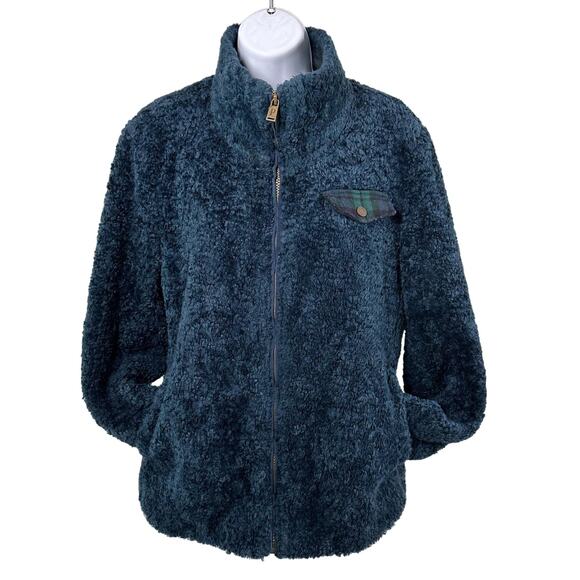 Pendleton Womens Large Navy/Green Plaid Full Zip Fuzzy Teddy Jacket Cozy Zip-Up - Picture 2 of 13